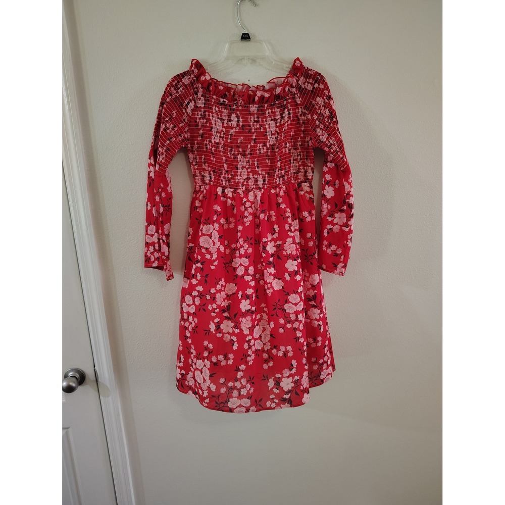 Farvalue Red Floral Smocked Long Sleeve Mini Dress Womens Medium Boho Ruffle